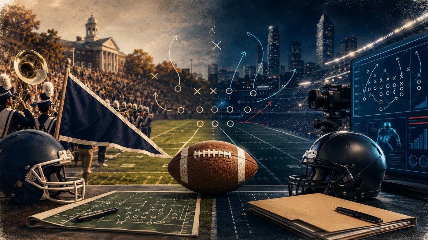 A fictional college football setting and a fictional professional football setting connected by a central tactical field diagram.