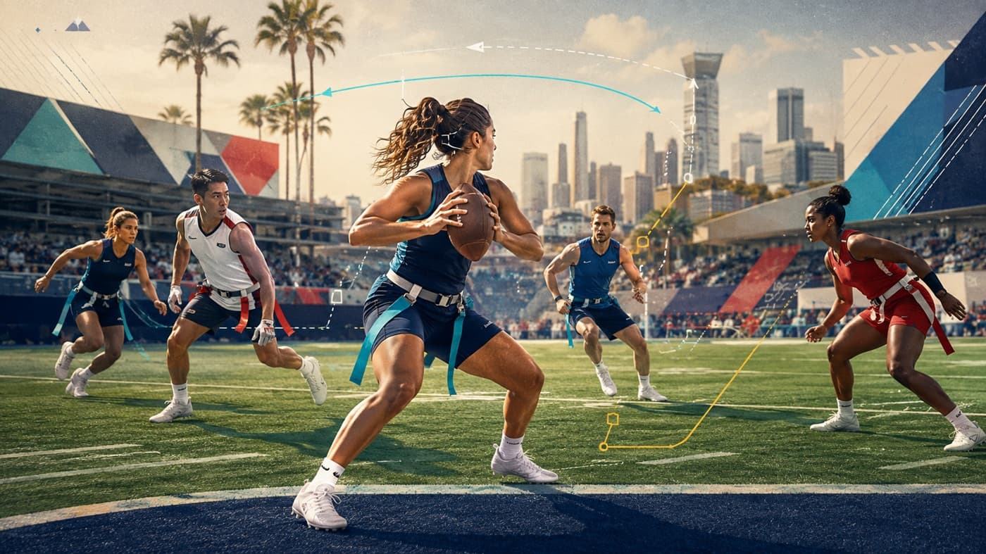 Fictional men’s and women’s flag football players on a compact field with flag belts, route diagrams, and a Los Angeles-inspired stadium skyline.