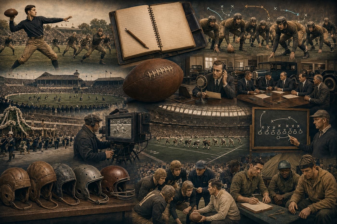 A fictional football timeline showing an early forward pass, a radio microphone, a bowl stadium, a professional league meeting, an indoor field, an early television camera, and a wartime service uniform.