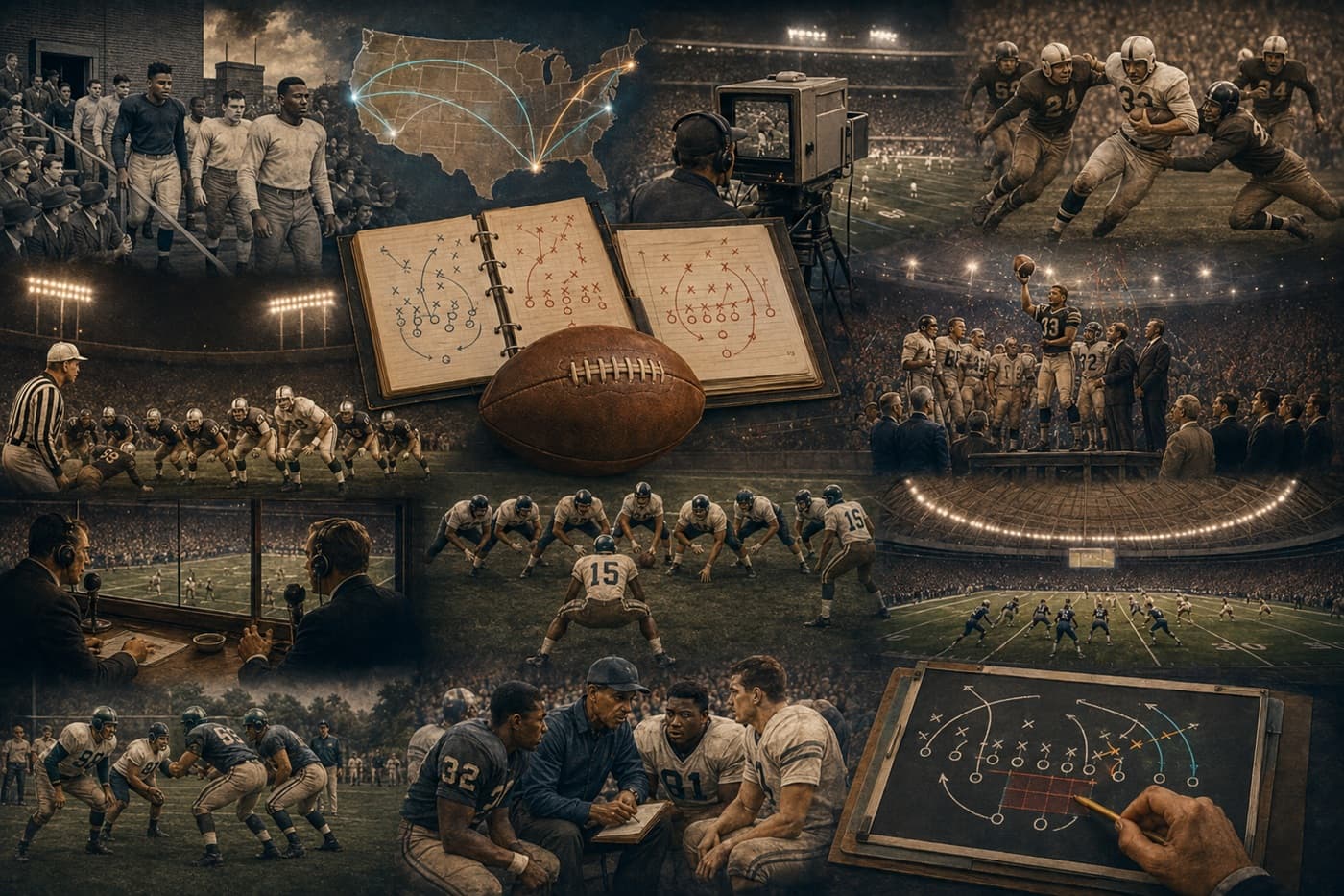 A fictional postwar football timeline showing integrated players, a television camera, a 1950s championship field, rival league imagery, an early Super Bowl stage, Monday night lights, a wishbone diagram, a domed stadium, and a late-1970s passing formation.