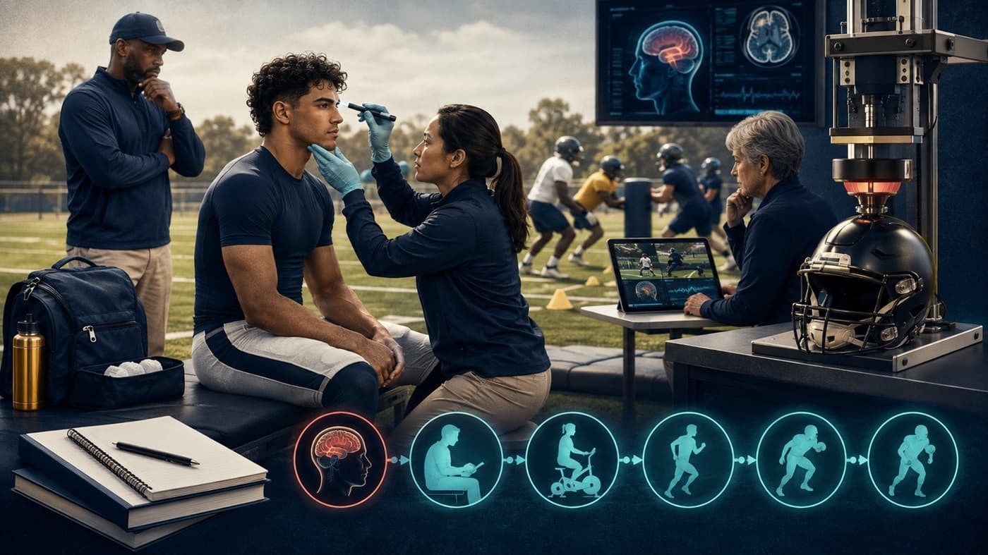 A fictional football safety scene showing an athlete being evaluated on the sideline, a medical spotter, modern helmet testing, reduced-contact practice, and a gradual return-to-play pathway.