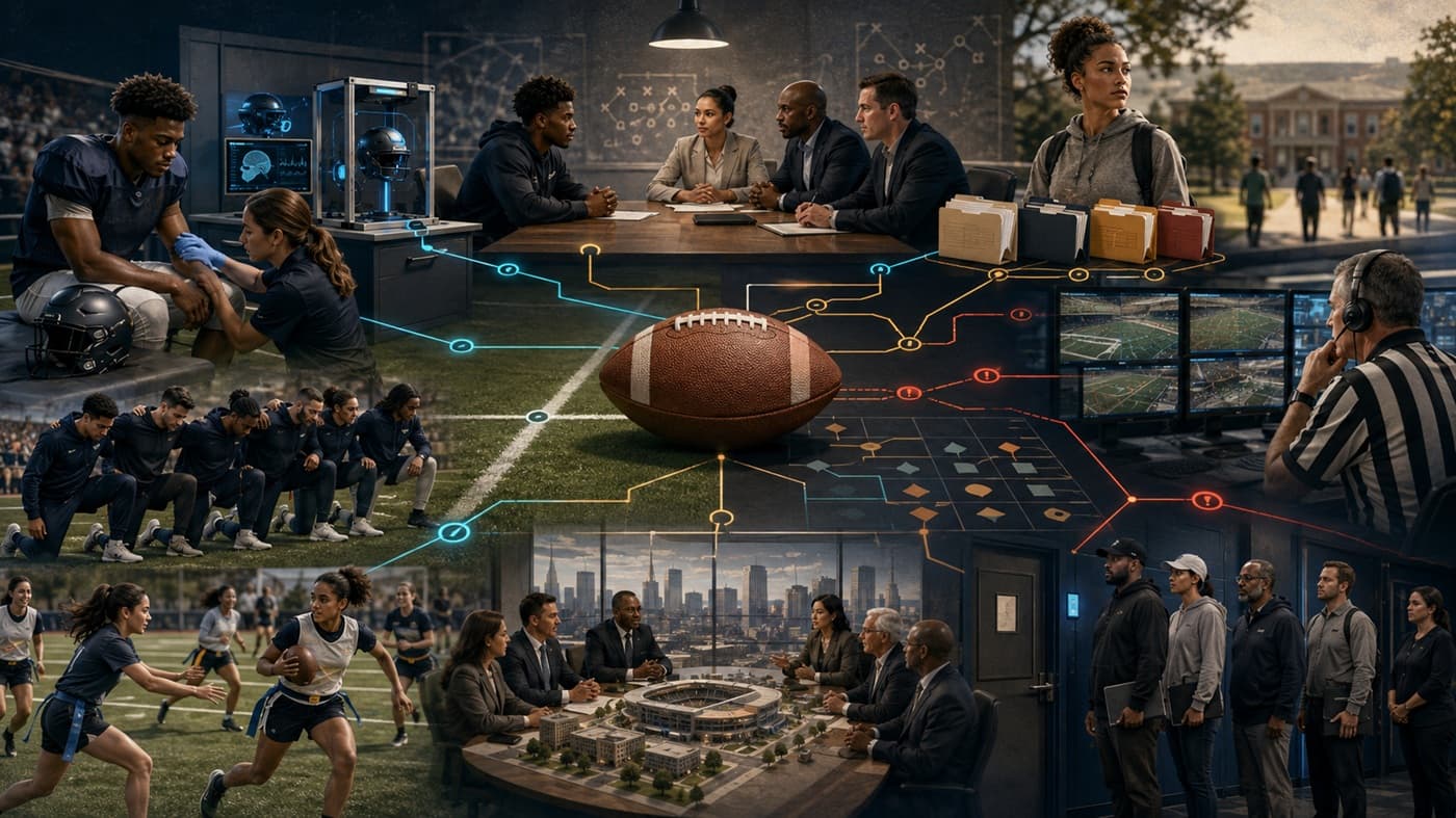 A fictional editorial football scene divided among player safety, labor, college compensation, officiating, sports betting, public stadium funding, protest, and access debates.