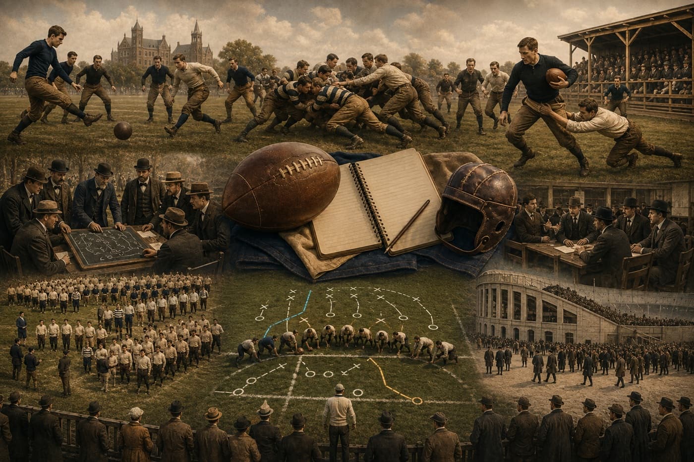 A fictional late-nineteenth-century football scene progressing from a round early ball and rugby-style scrum to an oval leather ball, line of scrimmage, rule notebook, and early stadium.