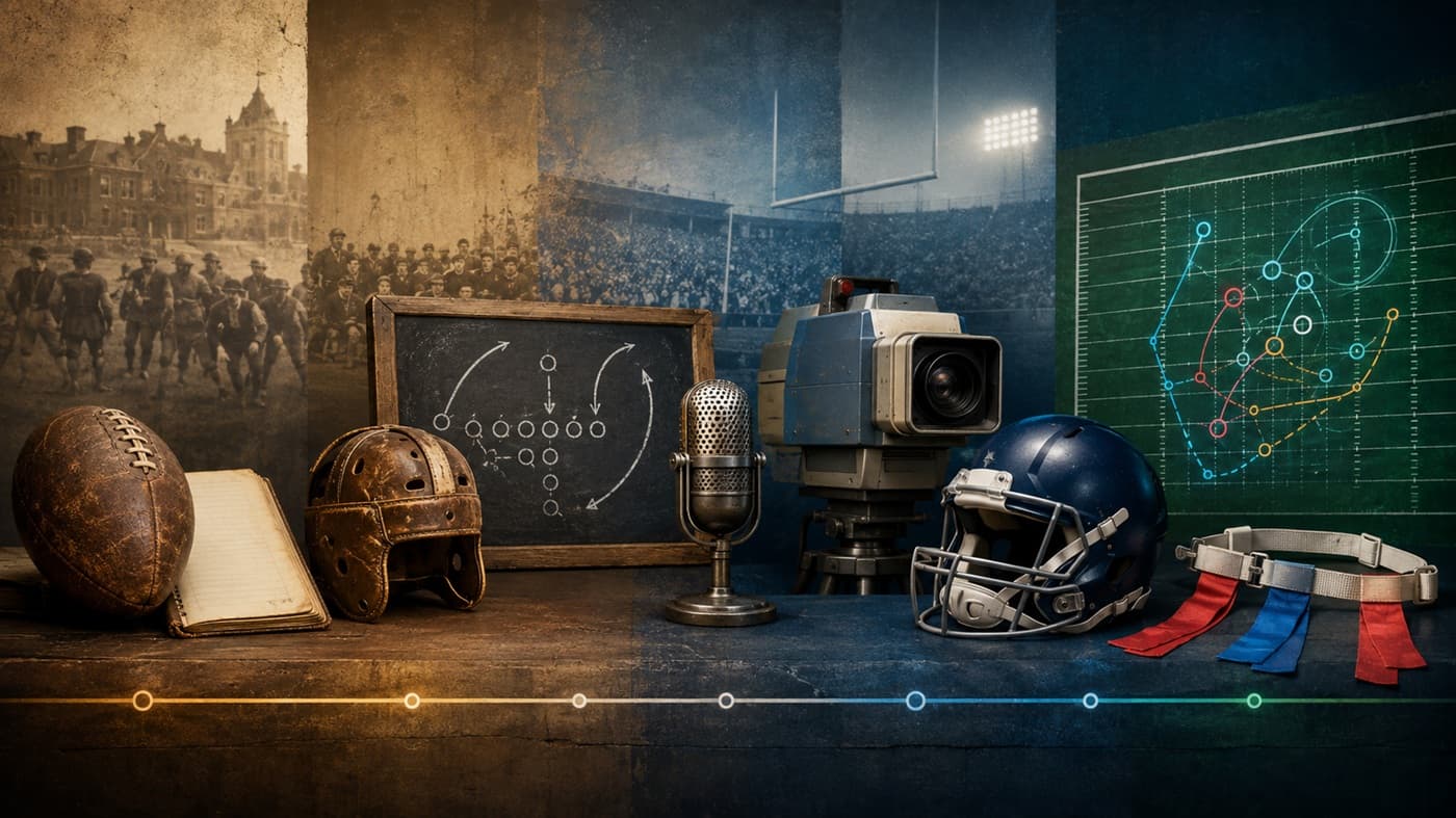 A visual timeline of football showing an early leather ball, a chalkboard formation, a radio microphone, a television screen, and a modern football field.