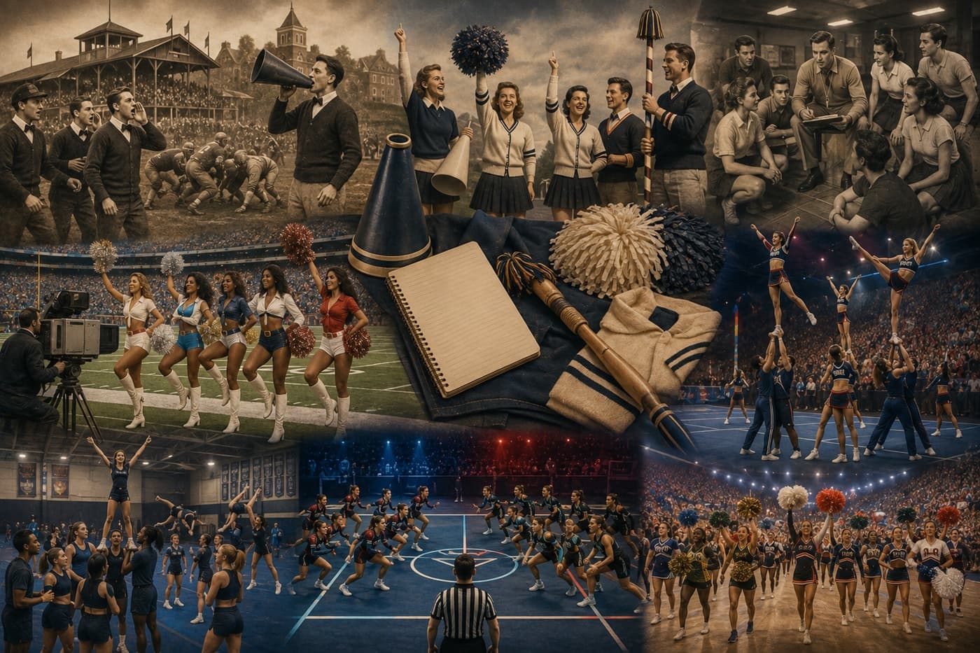 A fictional historical progression from male college yell leaders and megaphones to women’s sideline squads, cheer camps, pompons, competitive stunts, all star teams, STUNT, and international cheer.