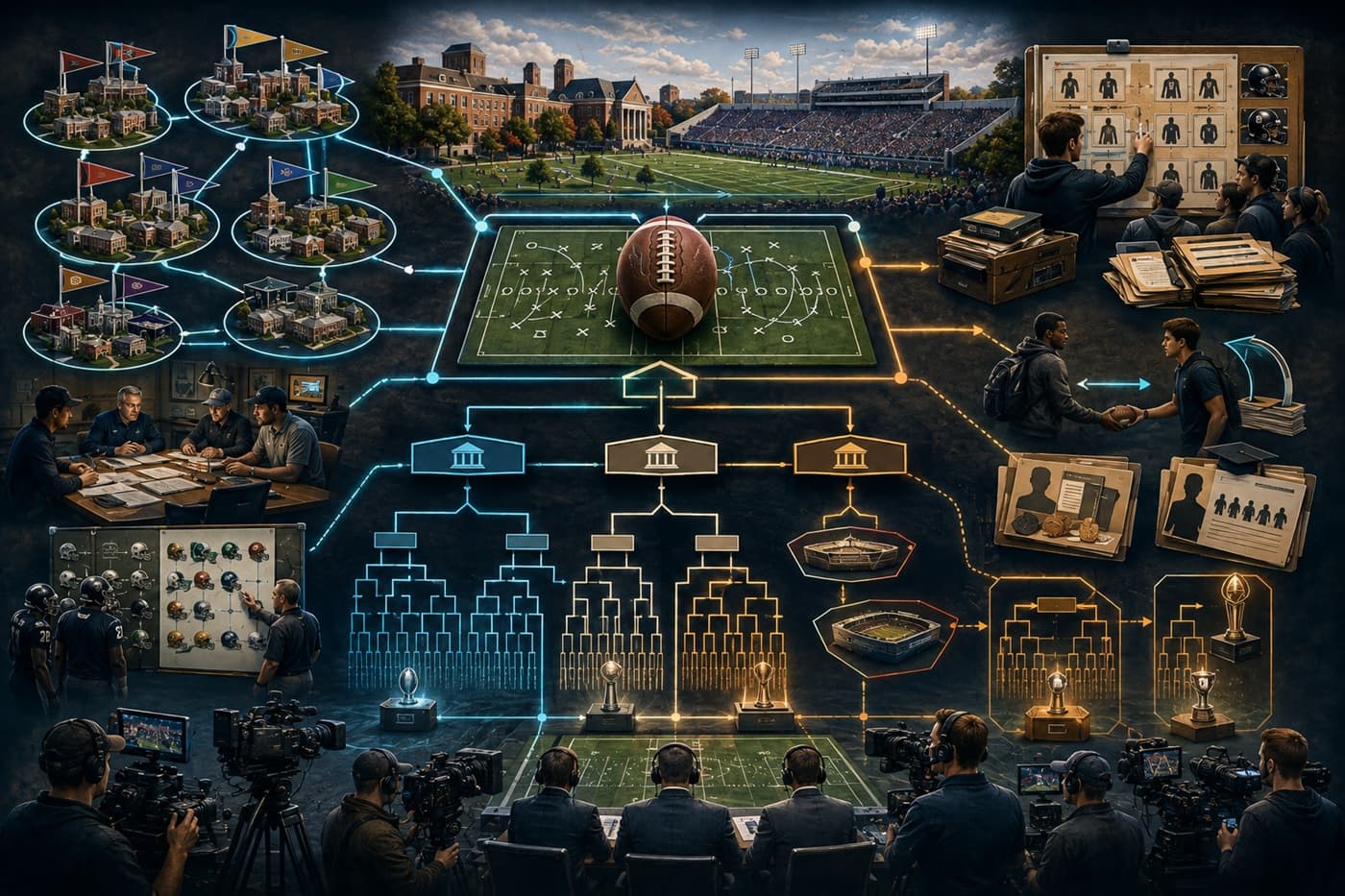 A fictional college football organization map connecting campuses, conferences, divisions, schedules, bowls, and playoff brackets.