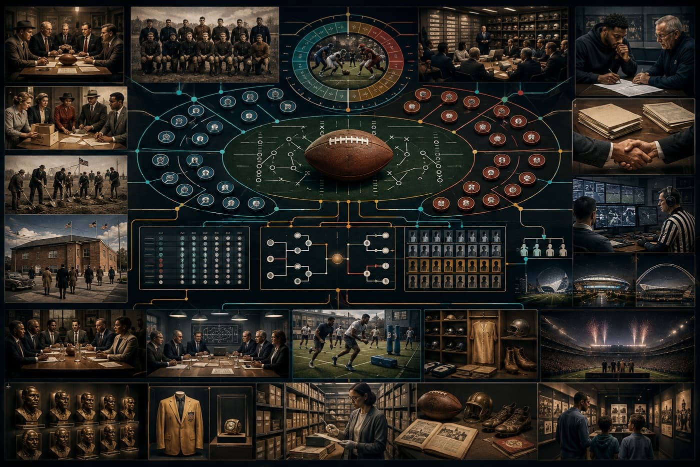 A fictional NFL organization map connecting 32 clubs, two conferences, eight divisions, the schedule, playoffs, draft, salary cap, rosters, rules, and the players union.
