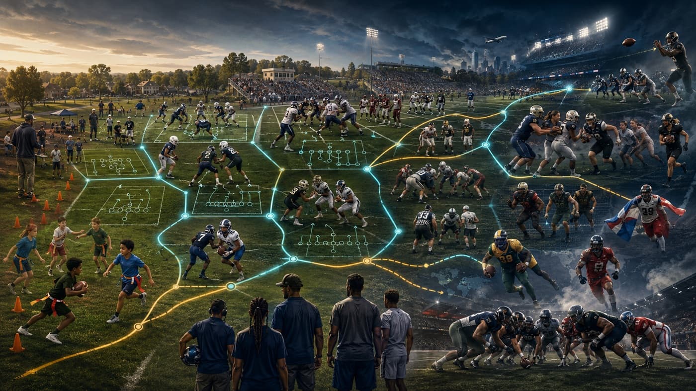 A fictional progression of football from youth flag and community tackle through high school, college, adult amateur, spring professional, and major professional play.