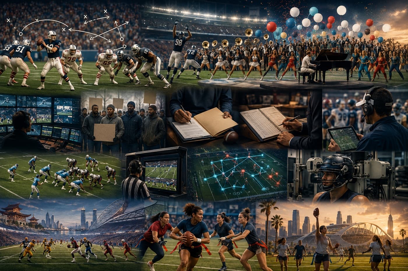 A fictional modern football timeline showing an early-1980s passing play, cable television, free agency documents, a spread formation, digital tablets, player-tracking data, safety equipment, women’s flag football, and an Olympic-inspired stadium.
