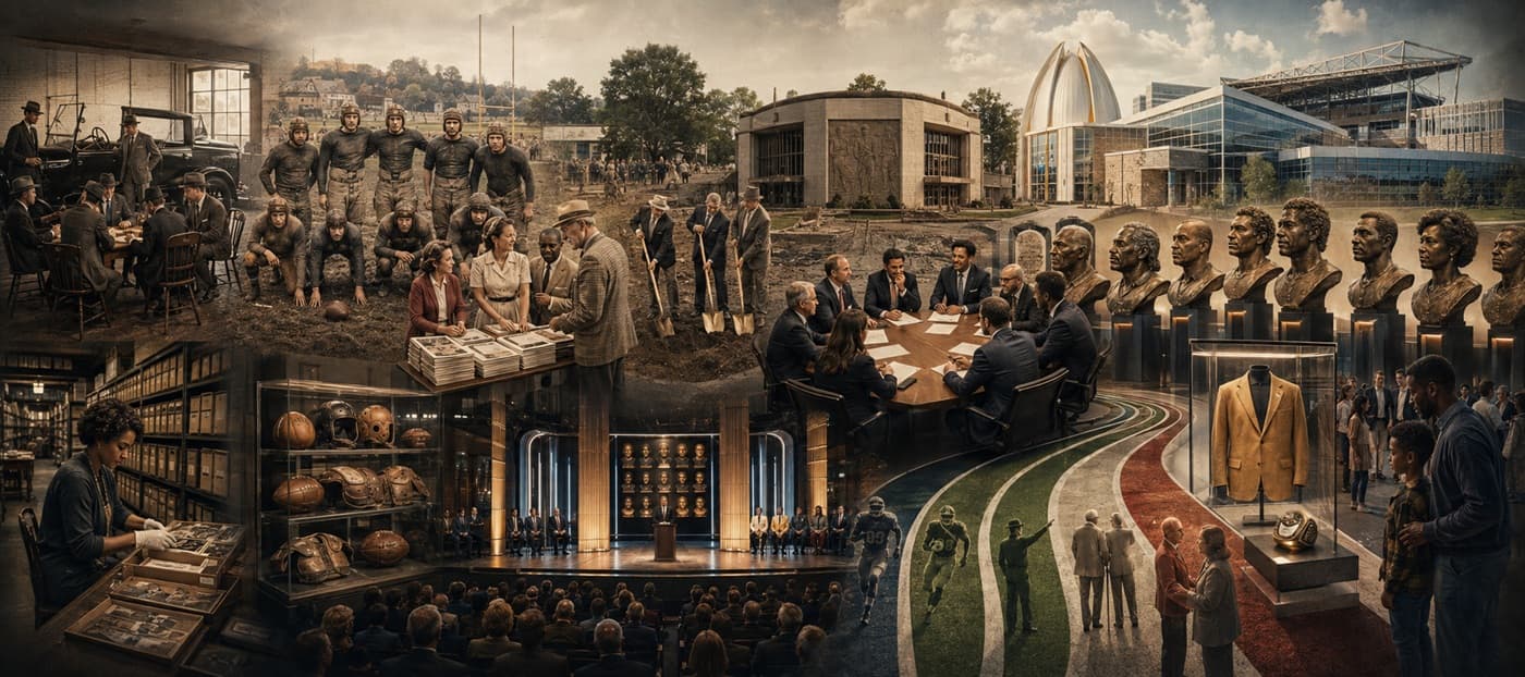A fictional historical progression from early professional football in Canton to a modern football museum, selection room, bronze bust gallery, archives, and enshrinement ceremony.