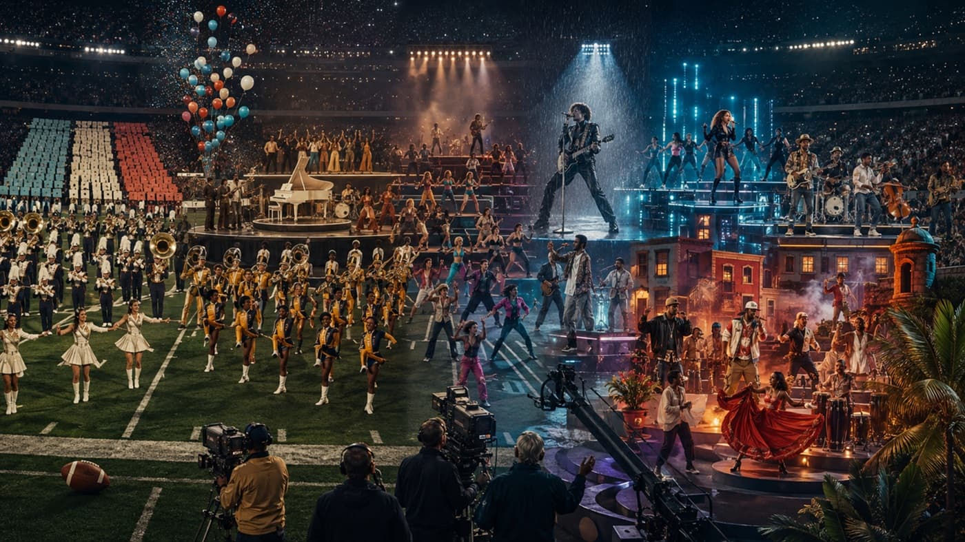A fictional history of Super Bowl halftime entertainment progressing from college marching bands and mass pageantry to a modern global stadium concert.