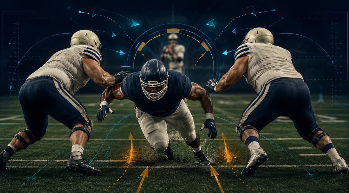 Interior defensive lineman penetrating between two blockers directly toward the quarterback, with subtle arrows illustrating the shrinking pocket and escape space.
