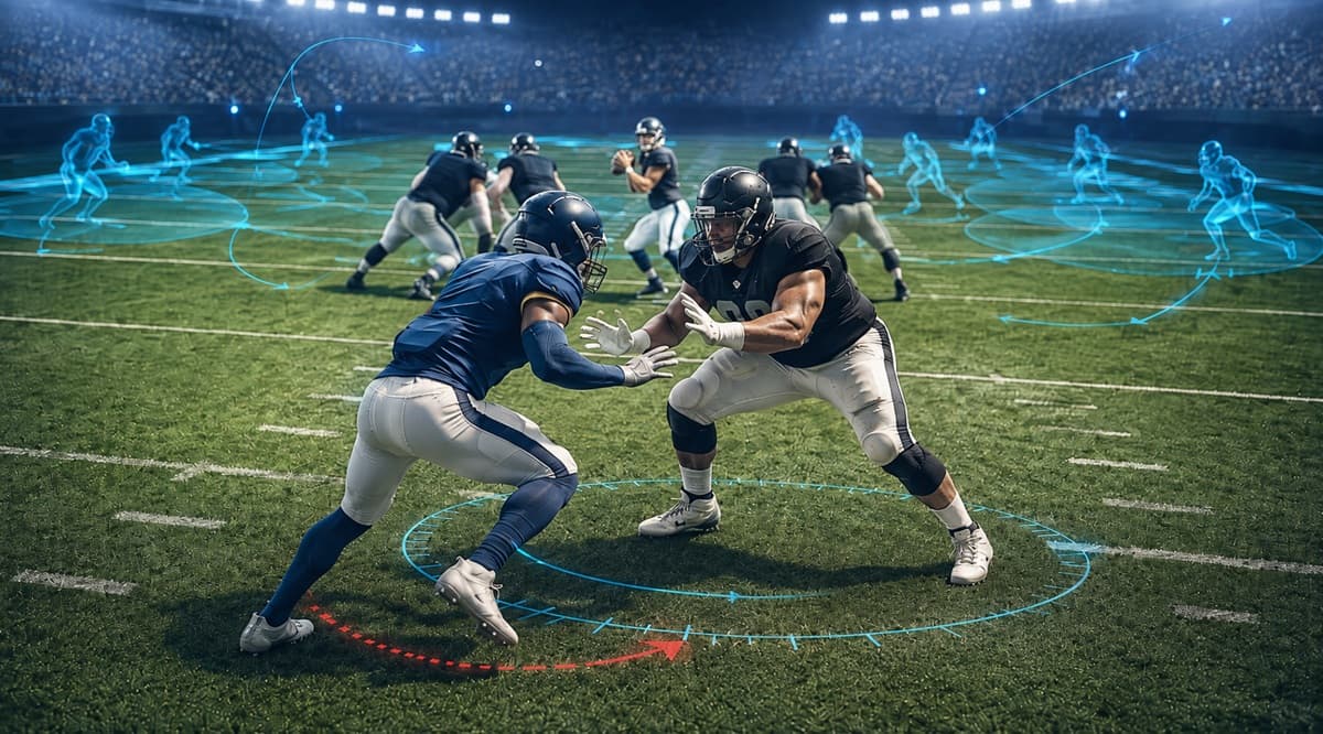 Offensive tackle in pass-protection stance calmly mirroring a pass rusher one-on-one, with faint overlay lines showing every other blocker and receiver released elsewhere on the play.