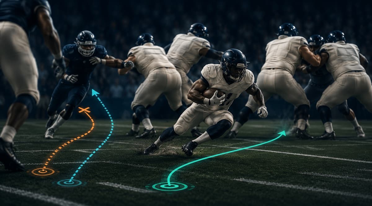 Running back making a sharp cut behind the line of scrimmage as pursuing defenders are caught out of position, with faint field-analysis lines showing the original and newly created running lanes.