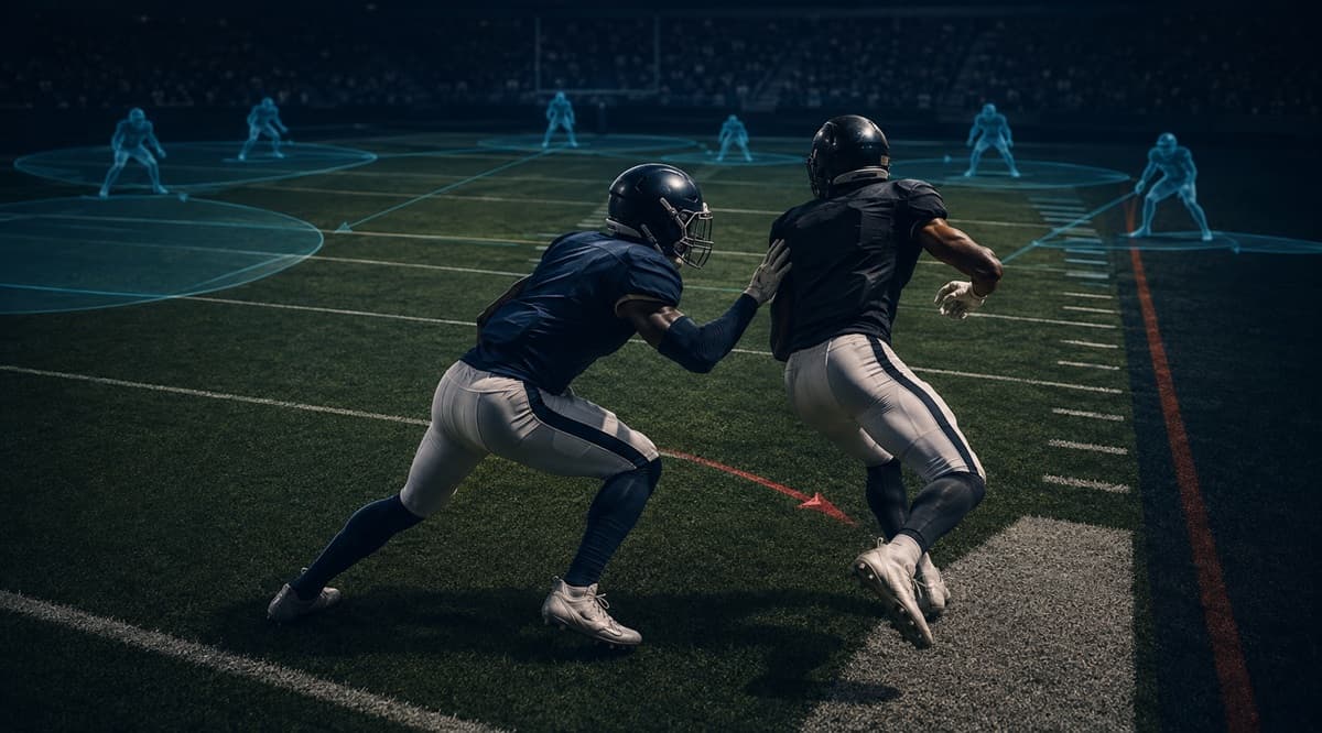 Cornerback isolated in tight man coverage against a receiver near the sideline, with faint coverage-shading overlays showing the rest of the defense positioned to help elsewhere on the field.