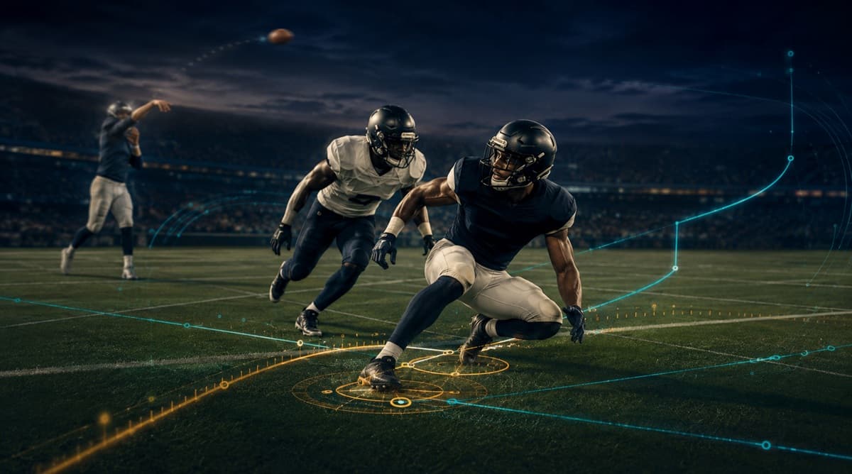 Wide receiver breaking sharply out of a route as the quarterback releases the ball in anticipation, with faint route geometry and timing marks overlaid on the field.