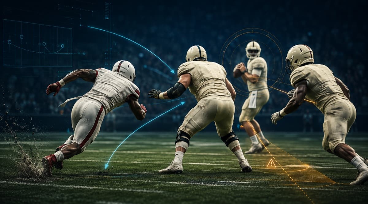 Edge defender exploding off the line toward the quarterback's blind side, with faint overlay lines showing an offensive tackle and running back adjusting to protect against him.