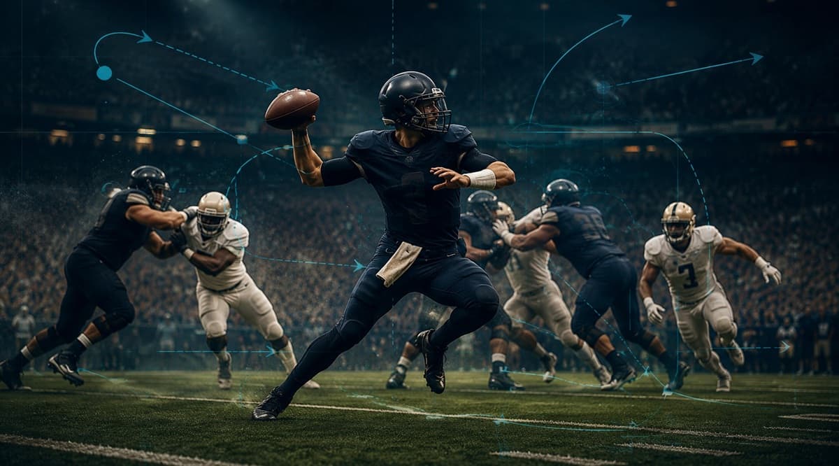 Quarterback rolling outside a broken pocket, eyes still downfield, with faded route lines showing the original play breaking into an improvised, extended play.