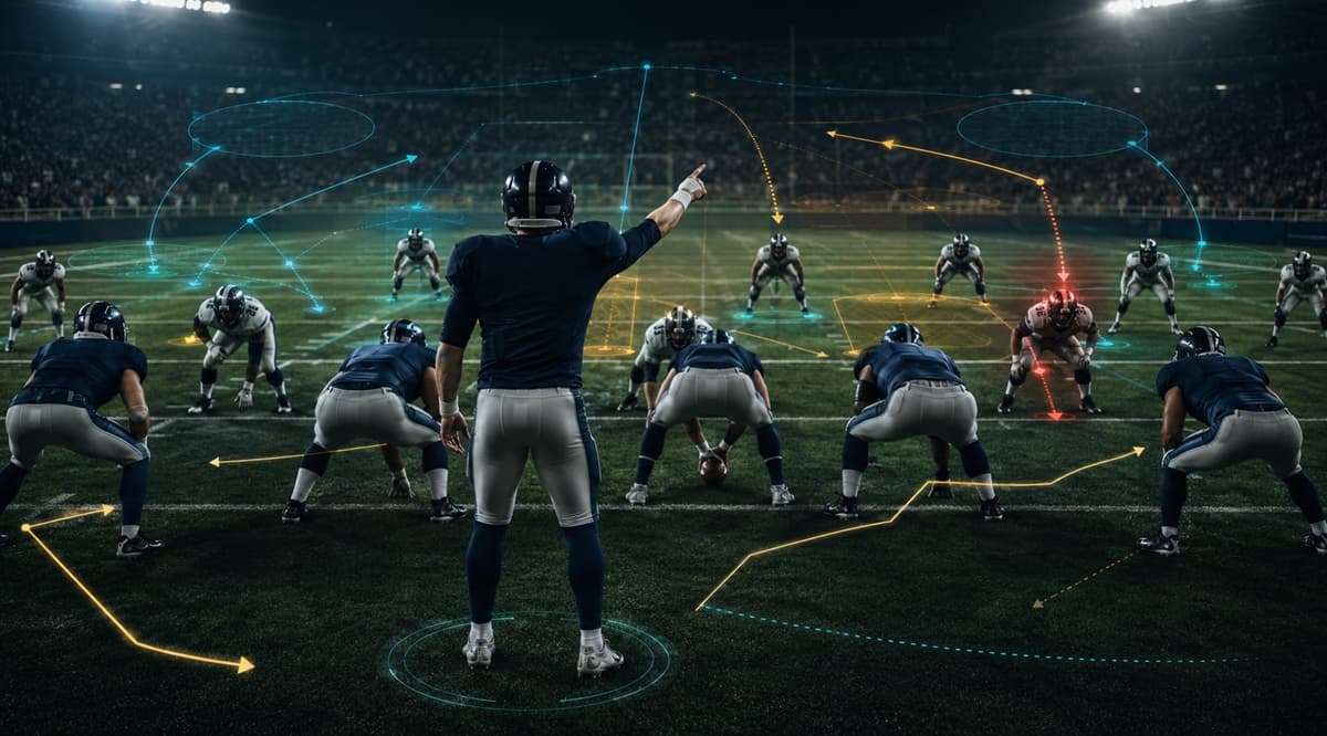 Quarterback standing at the line of scrimmage pointing out a defensive alignment, with faint overlay marks suggesting protection calls and route adjustments.