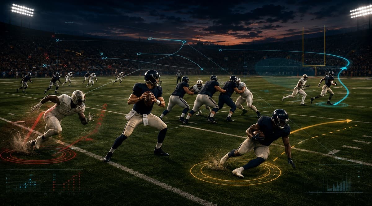 Wide editorial football scene showing several strategic moments at once — a quarterback reading a defense, a receiver breaking open, and a pass rusher closing on the pocket — connected by subtle broadcast-style analysis lines.