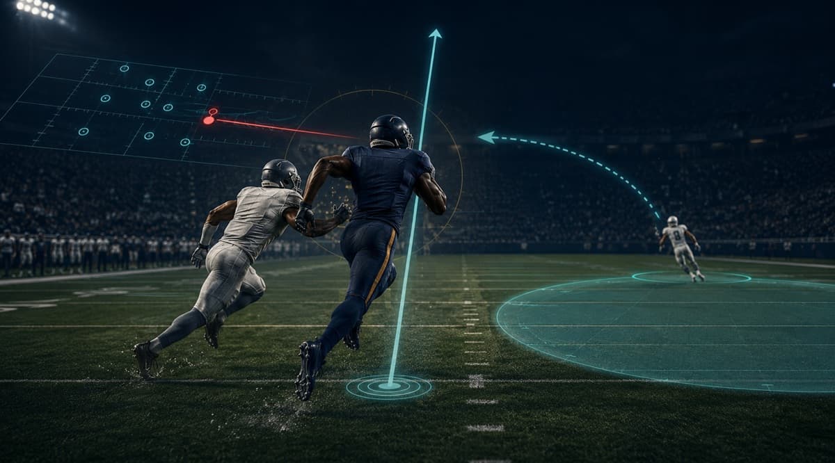 Vertical receiver sprinting downfield in one-on-one coverage as a safety rotates toward him, with faint coverage-shading overlays showing space opening elsewhere on the field.