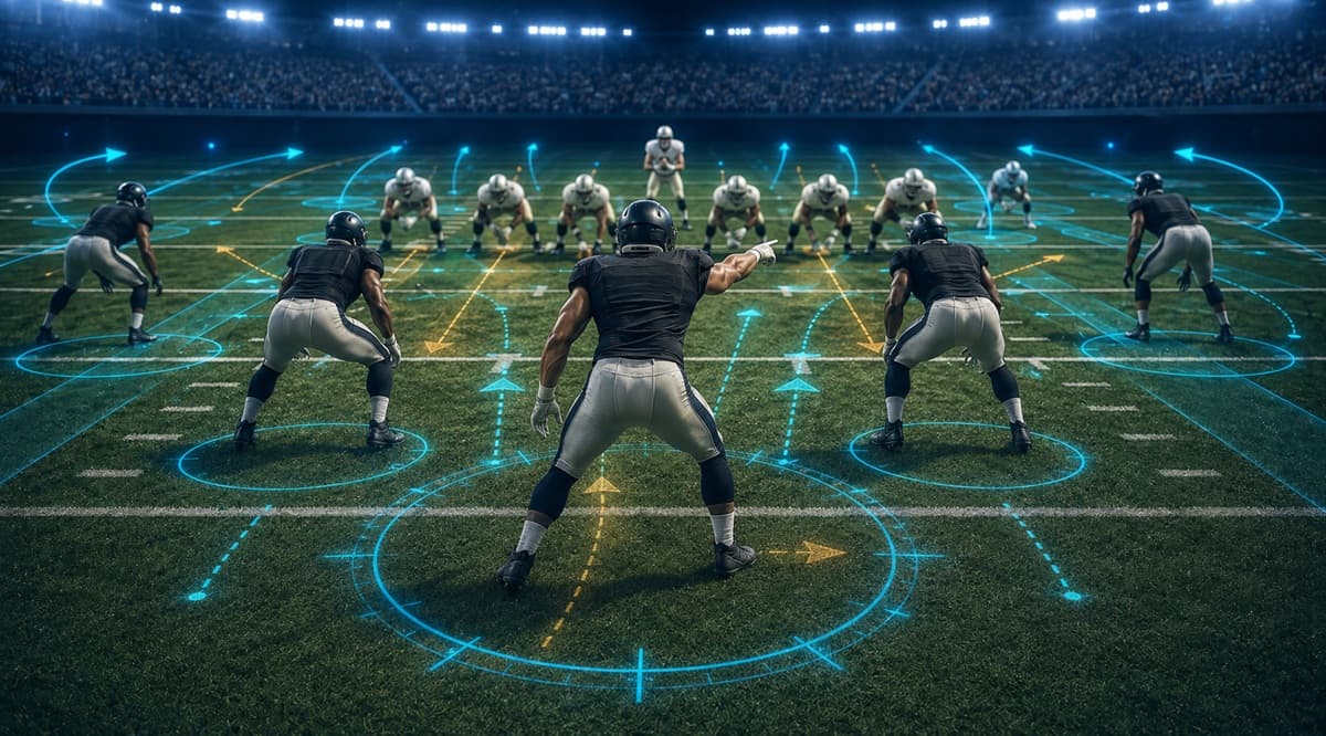 Middle linebacker pointing out a blocking scheme before the snap, with faint overlay lines showing run-fit assignments and gap responsibilities shifting across the defense.