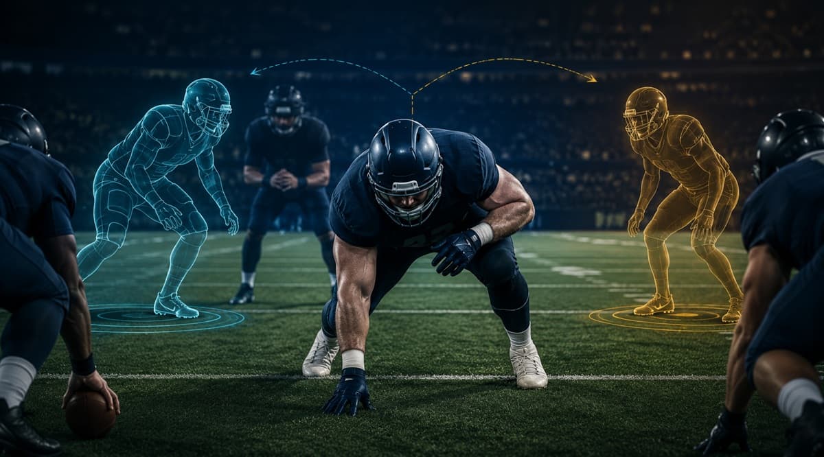 Large tight end aligned tight to the offensive formation, with faint overlay markers suggesting a defense weighing whether to cover him with a linebacker or a defensive back.