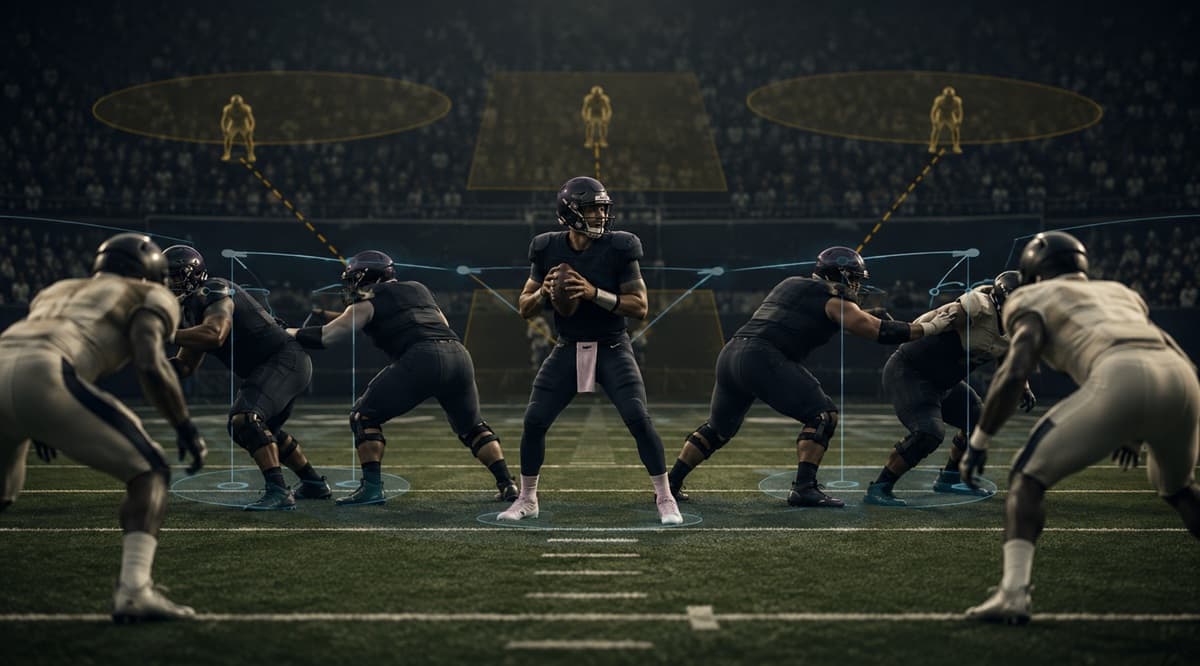 Veteran pocket quarterback calmly surveying the field before the snap, with subtle overlay lines suggesting protection assignments and defensive leverage.